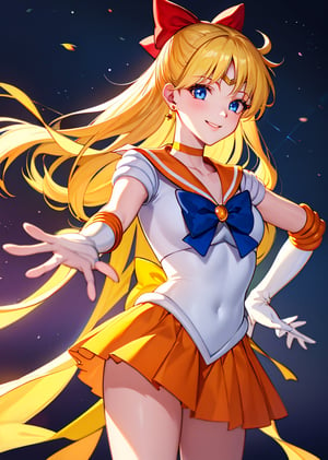 masterpiece, best quality, highres, venus1, 1girl, solo, sailor senshi uniform, sailor venus, aino minako, blonde hair, magical girl, blue eyes, orange skirt, elbow gloves, tiara, pleated skirt, hair bow, orange sailor collar, miniskirt, choker, red bow, orange choker, white gloves, very long hair,  jewelry,  earrings, , cowboy shot, smile,
