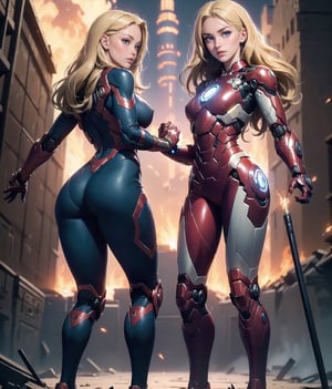 2girls twin sisters, both fighting pose, (masterpiece, top quality, 8K), detailed skin texture, detailed cloth texture, beautiful detailed face, intricate details, ultra Details, both ironman uniform, shine body,swaying long hair, both blonde hairs, (full body: 1.1), (shy smile),jet flame bursting out from  both hands, jumping up,shining lighting, destroyed city background, evil robot standing,Detailedface,glitter,AGGA_ST002