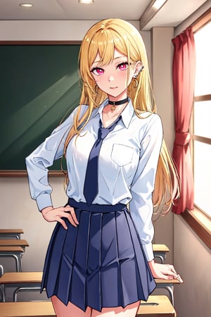 Location: detailed background, BREAK indoors, classroom,

clothing: school_uniform, shirt, black pleated_skirt, black choker, ear piercing, earrings, BREAK black necktie, long sleeves, sleeves rolled up, 

hair & face: bangs, blonde hair with black streaks, pink ruby eyes, long hair, slit pupils, perfect eyes, (beautiful_face:1.5), Beautiful Nose

role lock: 1 girl,Solo, Manga,mature female, Beautiful character design, lustrous skin,

expression: (innocent_big_eyes:1.0),

quality: official art, extremely detailed CG unity 8k wallpaper, perfect lighting, Colorful, Bright_Front_face_Lighting, 
(masterpiece:1.0),(best_quality:1.0), ultra high res,4K,ultra-detailed, 
photography, 8K, HDR, highres, absurdres :1.2 , Kodak portra 400, film grain, blurry background, bokeh:1.2, lens flare, (vibrant_color:1.2) , 

body: (Beautiful,medium_Breasts:1.4), (beautiful_face:1.5),(narrow_waist), Beautiful long legs, Beautiful Finger,

others: whisker markings,

character: MARIN KITAGAWA,takeda hiromitsu style,MARIN KITAGAWA