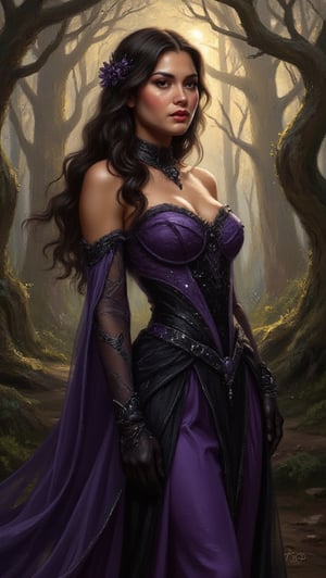 Oil painting style. A majestic of beautiful woman, spotlighting the ornate details of her purple and black attire, radiates confidence amidst an enchanted forest bathed in soft golden light. Her striking features, including long hair flowing like moonlit rivulets, command attention as towering trees loom in the background, their twisted branches weaving a hypnotic dance of twigs and leaves. oil painting