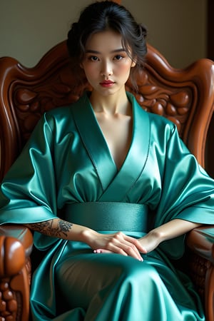 A serene Japanese queen majestically sits upon an intricately carved chair, her exquisite teal kimono gleaming in soft, diffused light. The fabric's luxurious texture is accentuated as half of her legs remain hidden, a tantalizing glimpse into the beauty beneath. A stunning tattoo adorns one exposed limb, while both hands rest delicately on the chair's ornate armrests. Her serene face, bathed in warm, flattering lighting, exudes elegance and refinement, as if time itself has paused to admire her majesty.