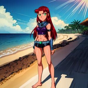 ((top-quality, 8K, masterpiece:1.3)), starfire, green light eyes, red hair, long hair, big eyes, looking at the viewer, perfect anatomy, small breasts,  without shirt,  black panties, without pants, without shoes, standing in front of the viewer, looking at the viewer, in a beach, angry and serious at the same time, jug-shaped arms, legs apart, beautifull girl, best quality, full body shot, without stockings, anime style