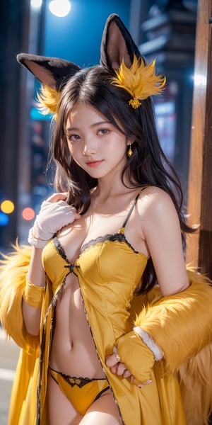 ((masterpiece, best quality, absurdres, 8K, super fine illustration, detailed eyes, beautiful face, light smile, shiny skin)), ((bar, pink_scrunchie, long hair)), (((decorated with fur, holy night, solo, 16 years old woman, small breasts))), looking at the viewer, standing, (((black fur-trimmed underwear, panties, fur-trimmed elbow_gloves, black_fluffy cuffs, yellow_fur-trimmed, black_fur-trimmed_gown))), (zettai ryoiki), long earings, asian girl, Japanese girl, ,bul4n,1 girl