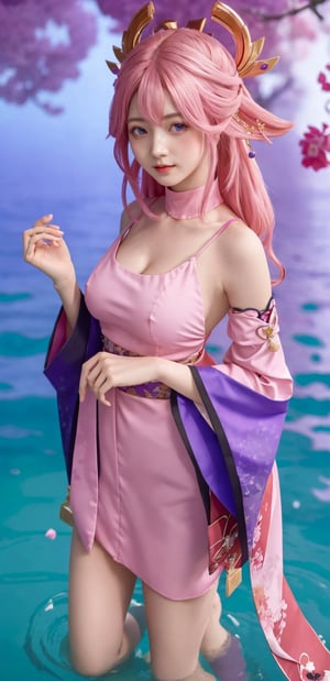 yae miko, solo, full body, looking at viewer, hair ornament, pink hair, long hair, japanese clothes, sideboob, detached sleeves, wide sleeves, jewelry, bare shoulders, violet eyes, sea background,yaemikodef,yae_miko(genshin impact),bul4n