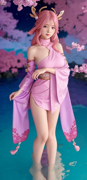 yae miko, solo, full body, looking at viewer, hair ornament, pink hair, long hair, japanese clothes, sideboob, detached sleeves, wide sleeves, jewelry, bare shoulders, violet eyes, sea background,yaemikodef,yae_miko(genshin impact),bul4n