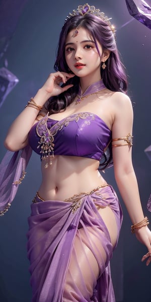 Women,gigantic_breast, wearing purple saree, full saree, gl4ss, fancy crowne,  long purple hair, FFIXBG,bul4n