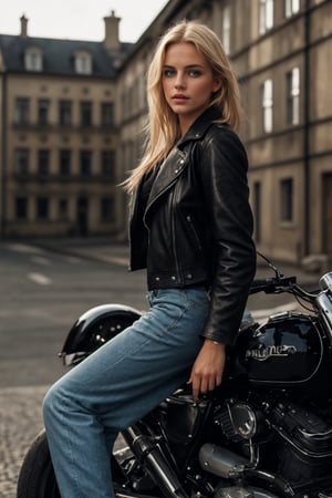 Generate an image of a captivating European girl with striking blue eyes and shining blonde hair. She should be wearing a leather jacket, long pants, and sturdy shoes, exuding confidence as she rides a motorbike with style and attitude. (Photographic realistic masterpiece HDR high quality image) , 1 girl,