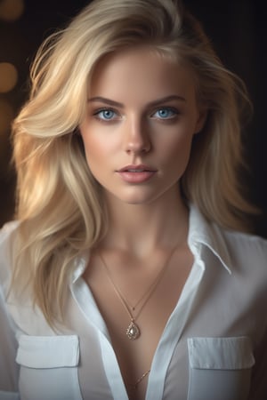 Generate an image of a captivating European girl with striking blue eyes and shining blonde hair. 35mm, short depth of field, moody lighting. She should be wearing an open white shirt, tight denim jeans and high heels. She has medium breasts, detailed jewelry and hoop earrings. (Photographic realistic masterpiece HDR high quality image) , 1 girl,