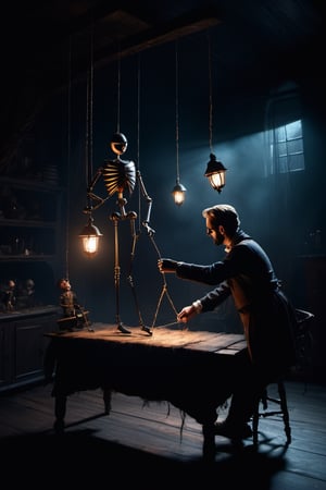 Craft an image of a puppeteer whose marionettes have come to life, their strings controlled by a sinister figure lurking in the shadows, pulling the strings of fate, ultra wide shot, fantasy horror art, photorealistic dark concept art, in style of dark fantasy art, detailed 4k horror artwork, stefan koidl inspired, ((stefan koidl))