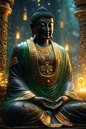 highly detailed Epic cristal and jade sculpture of a buddha male necromancer, portrait details black-skin, in acient temple, dark, volumetric fog, epic scene, glowing fireflies, sacret geometry spectral, glow storm surround body, Hyperrealism, breathtaking, ultra realistic, unreal engine, ultra detailed, golden_jewelry, Hyperrealism, cinematic lighting, highly detailed, breathtaking, photography, stunning environment, wide_shot, cinematic, view_from_below, epic theme