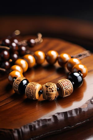 (Chinese Daoism), (grim), focus on a beads,Wooden bracelet, (intricate details), (hyperdetailed), 8k hdr, high detailed, lot of details, high quality, soft cinematic light, dramatic atmosphere, atmospheric perspective