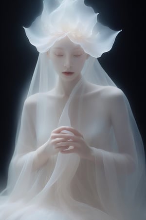 Create a spectral woman with a (translucent appearance:1.3), Her form is barely tangible, with a soft glow emanating from her gentle contours, The surroundings subtly distort through her ethereal presence, casting a dreamlike ambiance,xxmixgirl,NYFlowerGirl