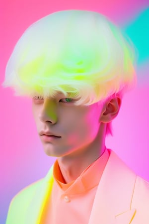 minimalism style,(1boy ),portrait,lip, Ascot cap,Soap, fluorescent gradient background, Alabaster hair,Tousled hair, Scandinavian , (masterpiece,best quality,niji style)