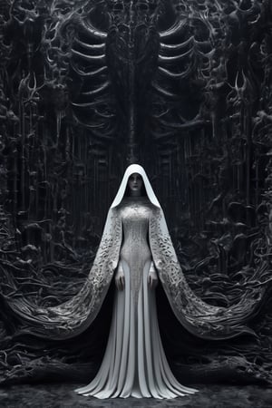 a woman with a white tunic, half turn, gothic fashion, symbol details, extremely detailed image, satanism, occultism symbology, abstract atmosphere, surrealistic to the maximum, 4k definition, illustration, very detailed, desolation, depressive climate, gloomy, very little light, underworld with ancient details, pic cinematic brilliant, stunning intricate, meticulously detailed, dramatic atmospheric, maximalist digital matte painting, darkness, gloomy atmosphere, Hansruedi Giger llllolo art, Hansruedi Giger llllolo art, horror atmosphere, art gore, unpleasant