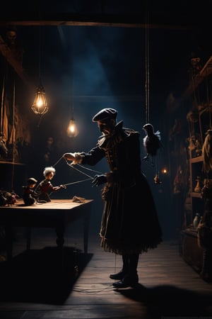 Craft an image of a puppeteer whose marionettes have come to life, their strings controlled by a sinister figure lurking in the shadows, pulling the strings of fate, ultra wide shot, fantasy horror art, photorealistic dark concept art, in style of dark fantasy art, detailed 4k horror artwork, stefan koidl inspired, ((stefan koidl))