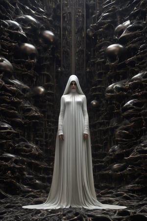 a woman with a white tunic, half turn, gothic fashion, symbol details, extremely detailed image, satanism, occultism symbology, abstract atmosphere, surrealistic to the maximum, 4k definition, illustration, very detailed, desolation, depressive climate, gloomy, very little light, underworld with ancient details, pic cinematic brilliant, stunning intricate, meticulously detailed, dramatic atmospheric, maximalist digital matte painting, darkness, gloomy atmosphere, Hansruedi Giger llllolo art, Hansruedi Giger llllolo art, horror atmosphere, art gore, unpleasant