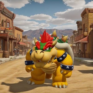 best quality, highly detailed,masterpiece,ultra-detailed,illustration, 
 , Bowser, large, towering, old western town, cowboy hat, dusty, dry, tumbleweed,  detailed, realistic, 8k UHD, high quality, lifelike, precise, vibrant, absurdres,