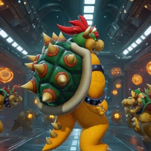 best quality, highly detailed,masterpiece,ultra-detailed,illustration, 
Create a futuristic and cyberpunk world that embodies the essence of the art of science fiction. , Bowser is walking through a magic portal, detailed, realistic, 8k UHD, high quality, lifelike, precise, vibrant, absurdres,