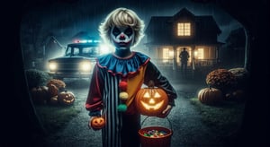 A1111, 4k Photography, Cinematic Art, Realistic Digital Art, Extremely Realistic Details. On Halloween night in 1963, a 10-year-old boy, dressed as a clown, but not without not makeup on his face, blond hair, and in his hand a pumpkin with candy, in the background a house, a garden and a police patrol. Dark and black night.