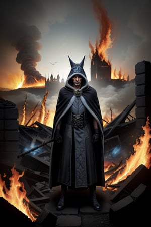 Against a backdrop of apocalyptic devastation stands a witch, his grey robes and cloak billowing behind him as flames engulf the distant cityscape. Smoke and ash swirl around him like an aura of fire. The wizard’s long robes are intricately detailed with ornate brocade, and his staff crackles with dark energy as he surveys the ruins in the sunlight. a woman