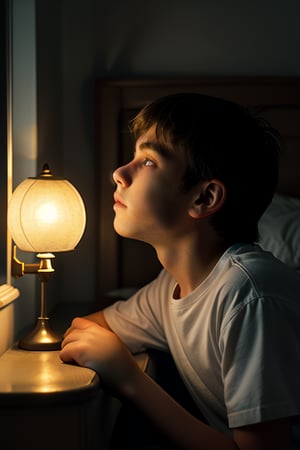 A young boy with light complexion and short, straight hair gazes upward in hopeful contemplation as he leans against the windowsill of his cozy bedroom. The soft glow of a bedside lamp illuminates his gentle expression, while the warm light of the full moon casts an ethereal sheen on his face. His eyes are fixed intently on the lunar surface, lost in thought and wonder.