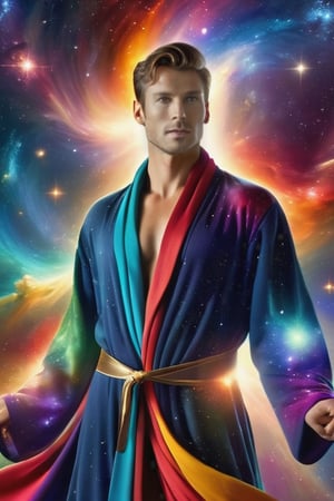 full body, handsome man in a  robe with energy of many colors coming out of his entire body, short hair, in the background the universe, stars around him, very handsome men, photography, realistic, high definition, full hd, realistic 