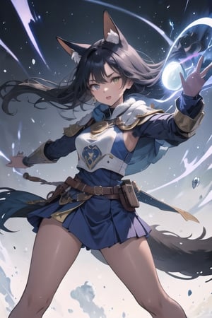 solo mature female,buff,long wild black hair,bright yellow eyes,one fox tail,black fox ears,shaman mage outfit,purple lightning arcing off female,dark tan skin,crazed exprestion,savage stance,armor,