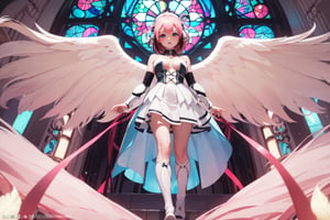 (masterpiece, incredibly absurdres, highres, best quality, official art, beautiful and aesthetic:1.2), one girl, angel Descending, (kaleidoscope:1.2), stained glass, Greek, front view, from below, full body, (angel feather wings), (happy), (vivid), floating colorful feather,  ,  pink highlight,ikaros