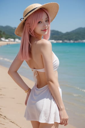 beautiful, 1girl, (pink hair:1.2), long hair, smile, white sundress, sunhat, Golden chain necklace with heart pendant, hk_girl, beach background, turn around, looking at viewer, a beautiful slender body, beautiful skinny legs