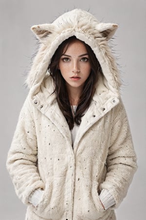 dark hair,  gray eyes,  freckles,  1girl,  white background,  fuzzy jacket,  open coat,  animal hood,
 ,