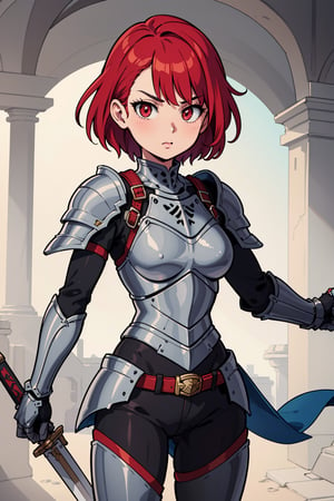 cute female knight with red hair and red eyes, wearing light armor and wielding a greatsword,,armor, powerful