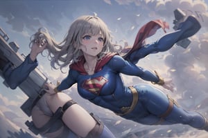  beautiful girl, blue sky,  skydiving,atelier_ryza,wearing supergirl_cosplay_outfit
