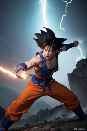1girl,  breast, (feamle Goku) , Witness the awe-inspiring power of Goku as he unleashes her extraordinary abilities in a stunning display of strength and energy. Inspired by the beloved character from the Dragon Ball series, Goku stands tall with her spiky black hair and confident expression. her body radiates a vibrant aura, showcasing her immense power and determination. As he channels her energy, vibrant beams of light burst forth, illuminating the scene with dazzling colors. The movie style is a perfect blend of action and fantasy, capturing the essence of Goku's superhuman abilities. The lighting is dynamic, highlighting the intense energy surrounding Goku and casting dramatic shadows. The resolution is set to 8K, delivering unrivaled clarity and detail, ensuring every flicker of energy and every muscle movement is vividly captured. Brace yourself for an electrifying experience as Goku taps into her extraordinary powers, ready to face any challenge that comes her way.,her body surrounded by a raging storm of magic energy, the cityscape crumbling around him as he unleashes a devastating wave of destruction. People fleeing in terror at the bottom of the image, sketch, son goku,