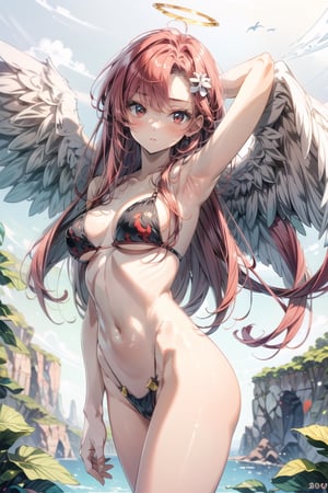 Beautiful illustration, top-quality,  thin hair:1.3, side blaid:1.3, pale skin:1.1, (beautiful, 20 years old:1.5), slim, slender, (small-medium breasts), yoko littner, red hair,angel_wings