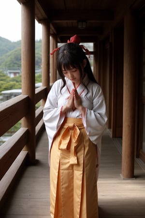 1girl, solo,  (praying:1.2), best quality,  outside, , miko, red hakama, miko_clothes, miko_dress, wish all  the best,  happy new year,  2024