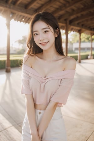 1girl, ((Masterpiece)), (wide shot) 35mm, beautiful cute 24 year young woman in place  (wearing a pink t-shirt), off left shoulder, (small breasts), (perfect body), bright eyes, (long  straight hair), (skin texture:1.1), (white_skin:1.7), best quality, ultra high res, Raw photo, ((high spirits)), ((smiling)), mouth closed, (cinematic teal and beige tones), muted tones, porous skin of face, No facial stains, centered,sunlight,  hk_gril, rain,  boot