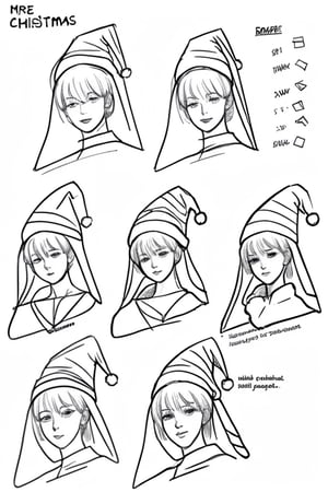 draft, outline, reference sheet, drawing a christmas hat