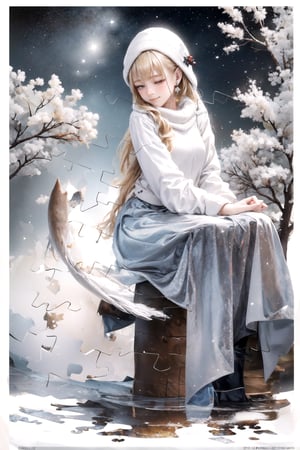 1girl,  in the puzzle: 1.2,  Embrace the winter spirit! Your workflow must include elements inspired by the beauty of snowflakes: 1.4,bg_imgs,, ,puzzle_style, 