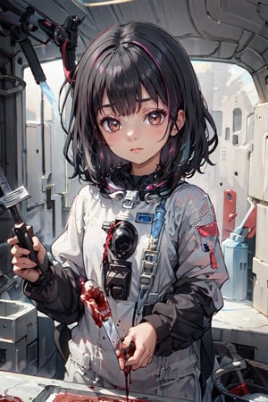 godoacrime, 1girl, among us, black astronaut suit, brown eyes, black short hair with blue highlights, helmet, transparent helmet, holding bloody knife, in space ship, cute, chibi,kocal