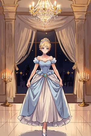 cinderella, full body:1.1, A girl in a modern, elegant ball gown, styled with a sleek updo and minimalist jewelry. She should have a confident, regal expression. The background is a luxurious modern palace, with clean lines, high ceilings, and extravagant chandeliers. The photo should be shot in high definition, with a sharp focus on the subject and a soft, blurred background for a captivating portrait,masterpiece
