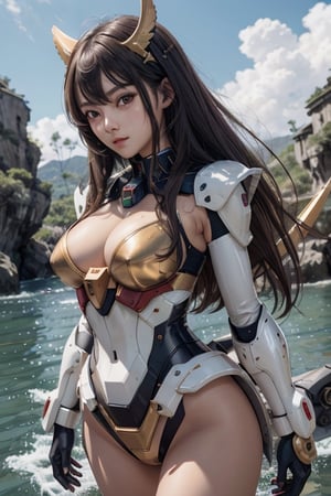 mecha_musume, metal, masterpiece, hyper Realistic, best quality, best quality, Amazing,extremely detailed, unity 8k wallpaper,  beautiful detailed face, extremely detailed CG unity 8k wallpaper, 1girl, asian, masterpiece, best quality, Amazing, beautiful detailed face, 1girl, asian,  mecha musume,  weapons, (furture battalfield background:1.35),colorful , water