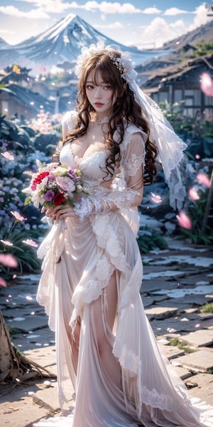 ((Fujifilm)), super bright scene, very bright backlighting, solo, 
{detailed eyes},{gradient blonde hair},{gradient blue eyes}, Cherry blossoms,large breast,flying petals,mountain,flowers meadows, detailed background, outdoors, {delicate wedding dress},transparent cloth, neck ribbon, bridal gauntlets, bridal veil, hair ornament, hair flower, bouquet,wedding band,cinematic angle,multiple views,standing
natural and soft light, hair blown by the breeze, delicate facial features,full_body,lisa,angel_wings