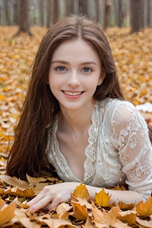 Beautiful soft light, (beautiful and delicate eyes), very detailed, pale skin, (long hair), dreamy, ((front shot)), soft expression, bright smile, art photography, fantasy, jewelry, shyness, soft image, masterpiece , ultra-high resolution, color, very delicate and soft lighting, details, Ultra HD, 8k, highest quality, silhouette of a woman in the fallen leaves, dual screen,