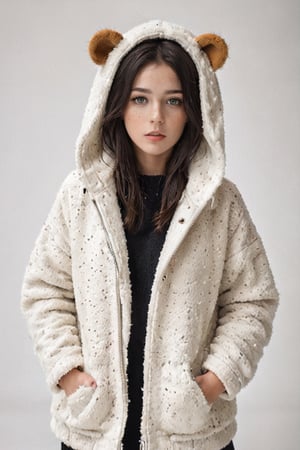 dark hair,  gray eyes,  freckles,  1girl,  white background,  fuzzy jacket,  open coat,  animal hood,
 ,