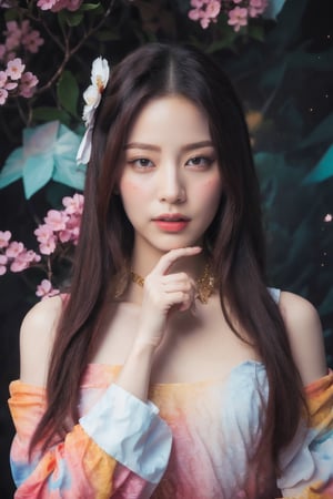 (masterpiece, top quality, best quality, official art, beautiful and aesthetic:1.2), (1girl), extreme detailed,(abstract, fractal art:1.3),highest detailed, detailed_eyes, light_particles, hanfu,jewelry, sexy, ,red,cherry blossom,The left hand's orchid fingers pinch a branch blooming with cherry blossoms,The right hand's orchid fingers lightly pinch the left sleeve