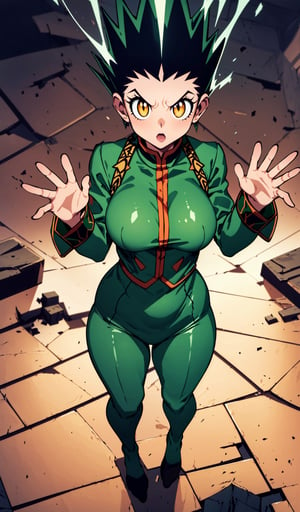 1girl,  breast, 
(masterpiece), (absurdres), (best quality), (intricate details:1.2)
Solo, gon_freecss, in center, ,standing pose, hands down, menacing eyes, shaped eyelashes, levitating hair,glowing eyes, debris levitating around her,