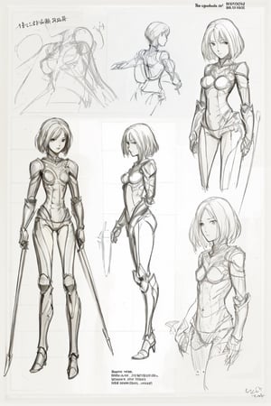 draft, outline, monochrome,  reference sheet, drawing a girl, ,armor,  detail ,  1 girl,  solo