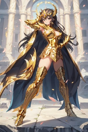 absurdres, highres, ultra detailed,Insane detail in face,  (nsfw, girl,  big breasts), Gold Saint, Saint Seiya Style, (((Gold Armor))), Full body armor, no helmet, Zodiac Knights, (((white long cape))), black hair, Asian Fighting style pose, gold gloves, long hair, long white cape, messy_hair, black eyes, full body armor, beautiful old greek temple in the background, full leg armor,,bg_imgs,  bare_shoulder