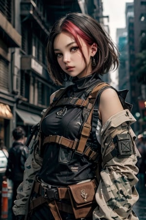 1girl, a chest up portait of a beautiful student model in blue camouflage posing lively, looking at viwer, dark beige pixie hair style, urban techwear, outfit, crowded street in the rain, depth_of_field, fingerless glove, shoulder holster, belt, hoslter, thigh holster,phlg