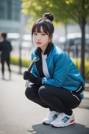 masterpiece, best quality,
1girl, solo, sword, weapon, jewelry, sneakers, black hair, shoes, squatting, sheath, katana, hair bun, jacket, blurry, holding, ring, pants, earrings, long sleeves, holding weapon, black shorts, blue jacket, holding sword, single hair bun, sheathed, blurry background, bag, depth of field, closed mouth, full body, fingerless gloves, long hair, gloves, bangs, brown eyes, sidelocks,
z1l4, Samurai girl,
